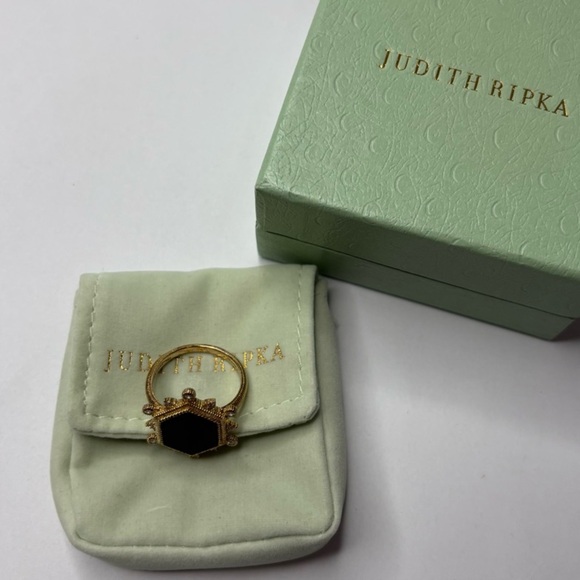 JUDITH RIPKA 14K Gold Black Onyx & Diamonique Hexagon Cut Ring Size 7 - Picture 7 of 7